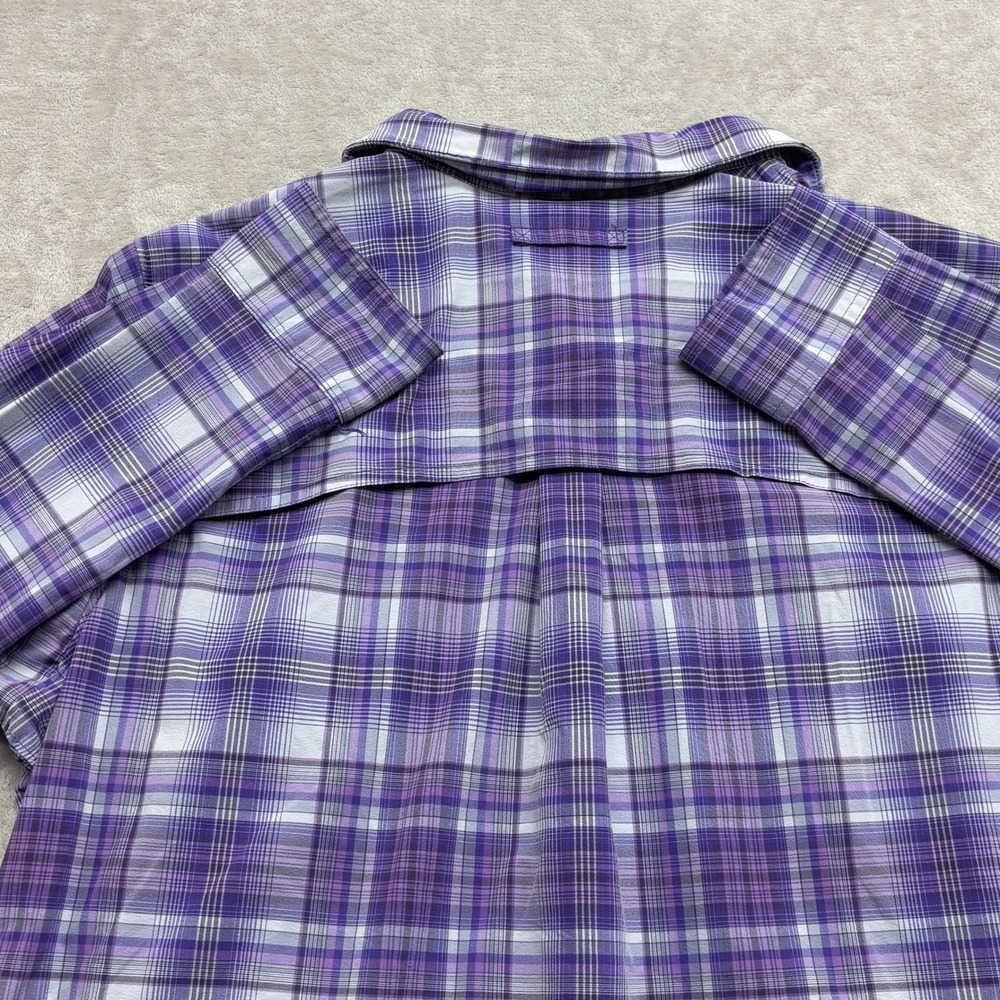 Duluth Trading Co Button Up Shirt Women XL Purple Plaid Short Sleeve Vented Back - Picture 6 of 9